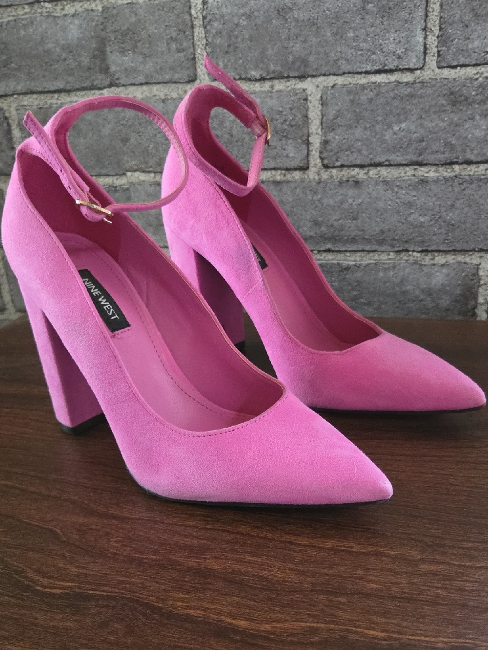 Nine West Pink Suede Pointed-Ankle Strap Block Heels